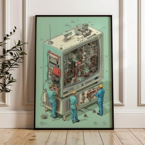May include: Isometric illustration of a vintage television with its internal components exposed. Three figures in blue coveralls are working on the TV. The artwork is framed in black and set against a light green background.