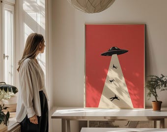 Alien Abduction Poster, UFO Poster, Retro Futurism, Whimsical