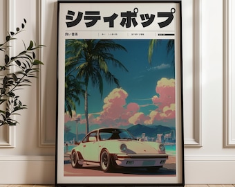 Oldtimers door palmbomen, Y2k-indieposter, digitale posterdownload
