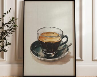 May include: A framed art print featuring a watercolor illustration of a cup of coffee. The coffee is in a clear glass cup, resting on a dark saucer with a small spoon. The coffee has a dark brown color with a lighter crema on top.