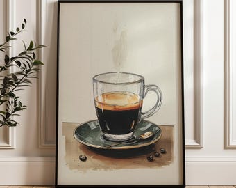 May include: Framed art print of a coffee cup on a saucer. The clear glass cup is filled with dark coffee and topped with a layer of crema. A small spoon rests on the green saucer. Steam rises from the cup, and coffee beans are scattered around.