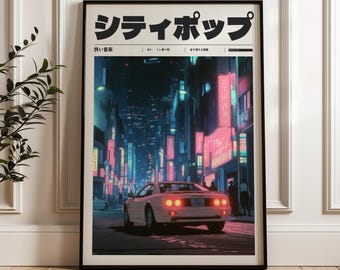 Auto deportivo retro Y2K en Neon City, póster independiente, descarga de póster digital