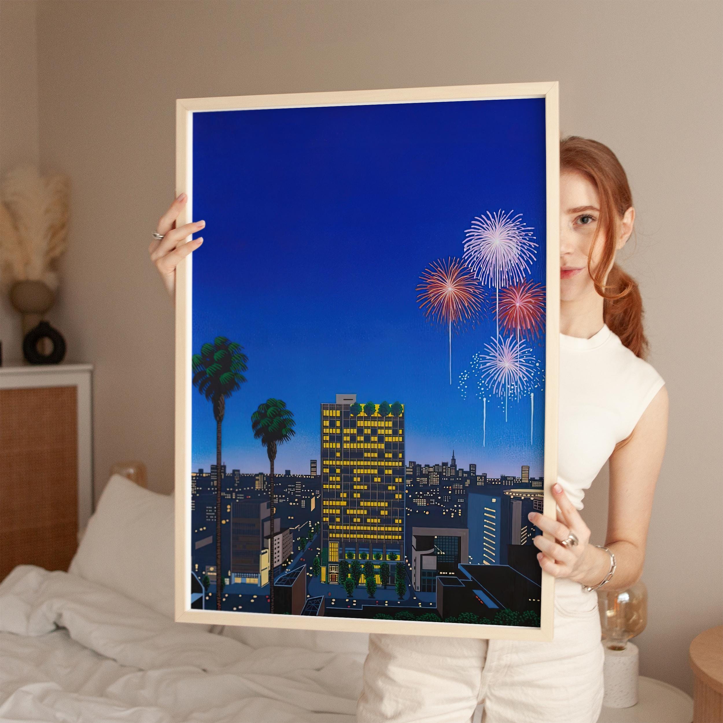 Cityscape Night Fireworks, Japanese City Pop, Digital Poster