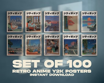 Set van 100 Y2K-posterbundel, Vaporwave-posterbundel, digitale download, retro Japanse Y2K-poster, Japanse City Pop-bundel, retro anime