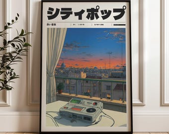 May include: Framed art print featuring a cityscape view at sunset, with a retro audio device in the foreground. The Japanese text "シティポップ" is at the top. The artwork showcases a vibrant sky and detailed buildings.