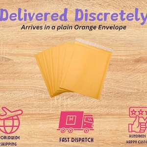 May include: A stack of brown paper envelopes on a wooden surface. The text "Delivered Discretely" and "Arrives in a plain Orange Envelope" is displayed above the envelopes.  The text "Worldwide Shipping", "Fast Dispatch", and "Hundreds of Happy Customers" is displayed below the envelopes.