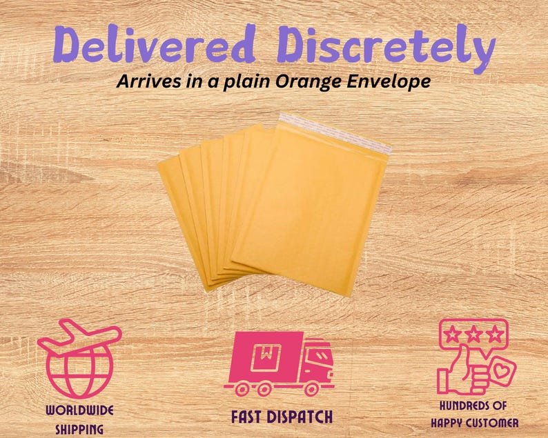 May include: A stack of brown paper envelopes on a wooden surface. The text "Delivered Discretely" and "Arrives in a plain Orange Envelope" is displayed above the envelopes.  The text "Worldwide Shipping", "Fast Dispatch", and "Hundreds of Happy Customers" is displayed below the envelopes.