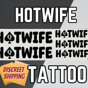 May include: A graphic design featuring the word "HOTWIFE" in bold white letters, with multiple smaller versions of the same text and a spade symbol. The word "TATTOO" is also displayed in white, along with a discreet shipping package.