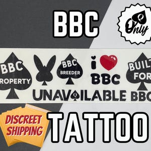 May include: A sheet of temporary tattoos with a black and white design featuring the text "BBC Property", "BBC Breeder", "I BBC", "Built For", and "Unavailable BBC". The tattoos are in the shape of spades. The sheet also includes a black bunny rabbit silhouette. The text "Discreet Shipping" is printed on a yellow rectangle.