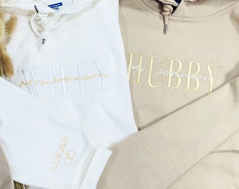 Embroidered Wifey Hubby Hoodie | Embroidered Wedding Date with Rings on Sleeve | Wife Husband Gift | Future Mrs Sweatshirt | Engagement Gift