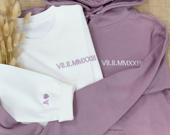 Embroidered Roman Numerals Sweatshirt | Anniversary Date Couple Hoodie | Initials on Sleeve | Personalized Valentines Day Christmas Gift