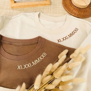 Custom Embroidered Roman Numerals on collar Sweatshirt | Anniversary Date Couple Hoodie | Initials on Sleeve | Valentines Day Christmas Gift