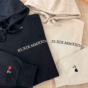 Embroidered Roman Numerals Hoodie | Anniversary Date Couple Sweatshirt | Initials on Sleeve | Personalized Valentines Day Christmas Gift