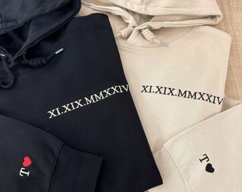 Embroidered Roman Numerals Hoodie | Anniversary Date Couple Sweatshirt | Initials on Sleeve | Personalized Valentines Day Christmas Gift