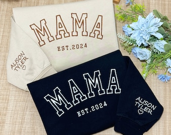 Personalized Mama Sweatshirt with Kid Names on Sleeve | Mothers Day / Birthday Gift for Mom | New Mom Gift | Minimalist Cool Mom Sweater