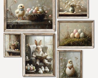 Vintage Easter Print Set of 6, Printable Easter Bunny Painting, Spring Whimsical Nursery Decor, Cute Baby Chick Wall Art, Digital Download