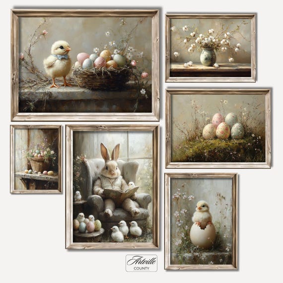 Vintage Easter Print Set of 6, Printable Easter Bunny Painting, Spring Whimsical Nursery Decor, Cute Baby Chick Wall Art, Digital Download