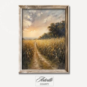May include: A painting of a dirt road leading through a field of tall golden wheat. The sky is a mix of blue and gray with a bright orange sunset in the distance.
