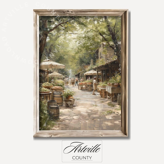 Printable Country Market Painting, Vintage Farm Wall Art, Vintage Street Fair Oil Painting, Antique Digital Art Print, Digital Download Art