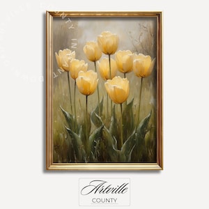 May include: A painting of a bouquet of yellow tulips in a gold frame. The tulips are in various stages of bloom, with some fully open and others still in bud. The background is a soft, muted green and brown.