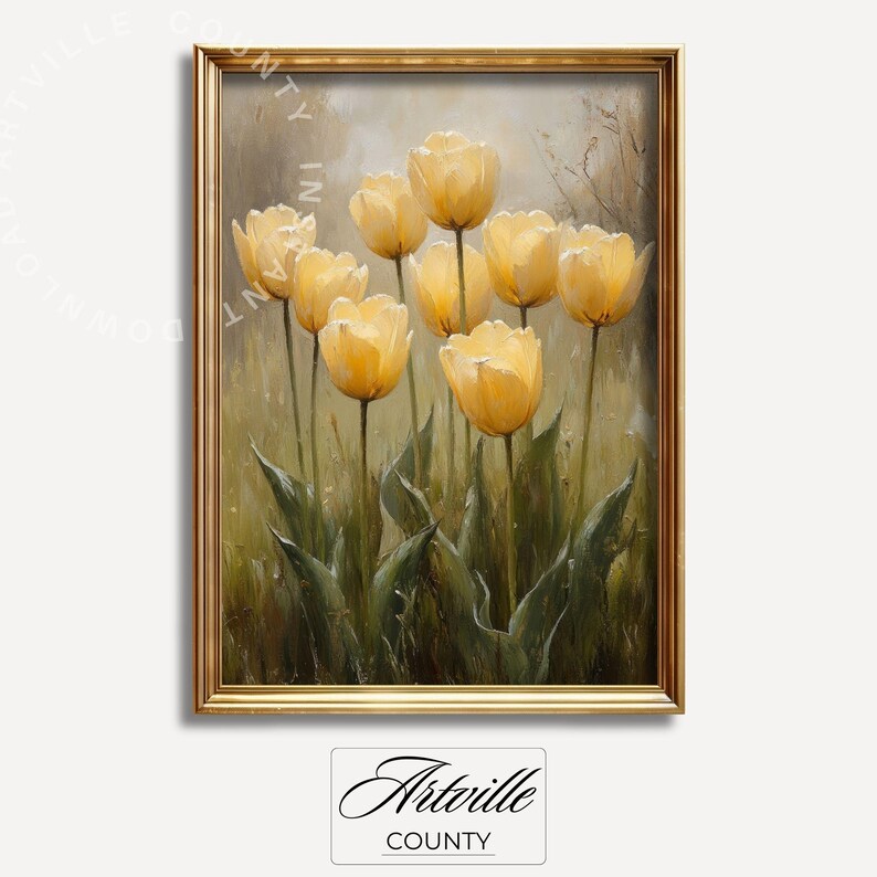 May include: A painting of a bouquet of yellow tulips in a gold frame. The tulips are in various stages of bloom, with some fully open and others still in bud. The background is a soft, muted green and brown.