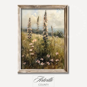 Printable Wildflower Field Landscape Painting, Farmhouse Wall Art, Vintage Cottagecore Oil Painting, Spring Countryside Digital Art Print