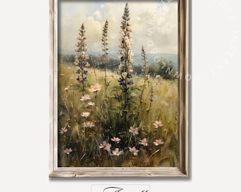 Peinture imprimable de paysage de champ de fleurs sauvages, art mural de ferme, peinture à l'huile cottagecore vintage, impression d'art numérique campagne printanière
