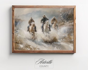 Arte mural vintage de vaqueros, arte imprimible de equitación, impresión del oeste, pintura al óleo de jinetes antiguos, decoración de vaqueros, descarga digital