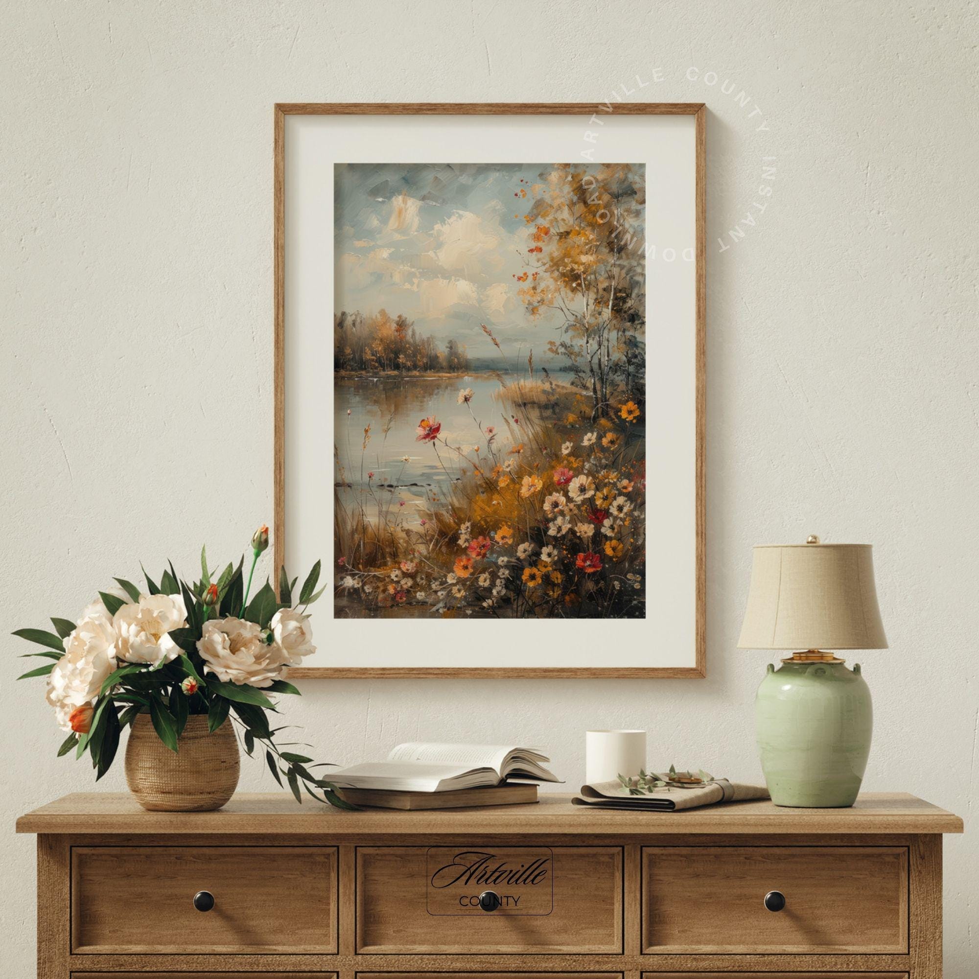 Printable Autumn Wildflowers Painting, Vintage Floral Wall Art