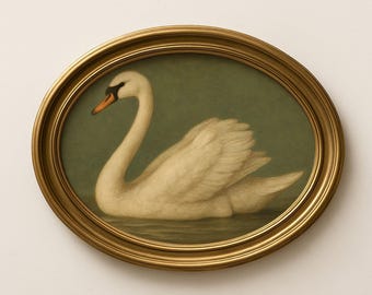 May include: An oval framed painting featuring a white swan with an orange beak and black markings, set against a muted green backdrop. The swan is in a tranquil pose, within a gold-coloured oval frame.