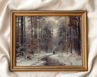 Printable Winter Forest Painting, Snowy Landscape Art Print, Moody Forest Wall Art, Antique Print, Vintage Christmas Decor, Digital Download