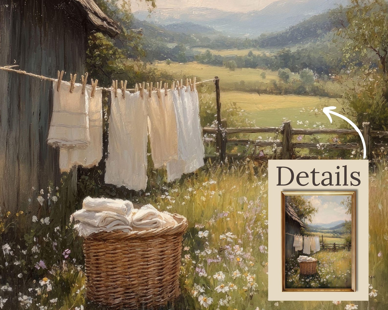 Vintage Laundry Day Print, Printable Country Landscape Painting ...