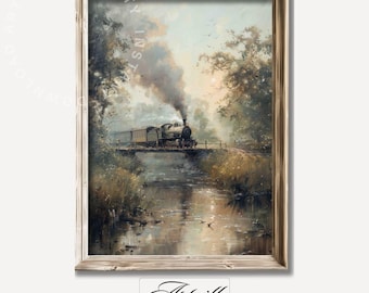 Printable Steam Train Oil Painting, Vintage Stone Bridge Art Print, Countryside Landscape Painting, Locomotive Wall Art, Digital Download