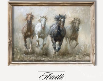 Vintage Horses Oil Painting, Pastoral Country Field Wall Art, Farmhouse Decor, Printable Fine Art, Horse Running Print, Digital Download