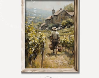 ヴィンテージのブドウ収穫画：フランスの田舎の農家の壁アート