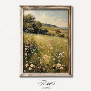 Vintage Spring Landscape Print Countryside Wall Art Antique Spring Printable Wildflower Painting Cottagecore Nature Decor Digital Download
