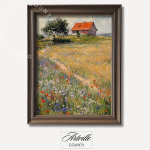 Printable Cottage Landscape Painting, Vintage Wildflowers Wall Art, Spring Floral Art Print, Antique Country House Decor, Digital Download