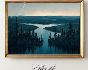 Moody Landscape Print, Forest Painting, River Wall Art, Dark Moody Landscape Art, Night Countryside Painting, Trees Art, Digital Download