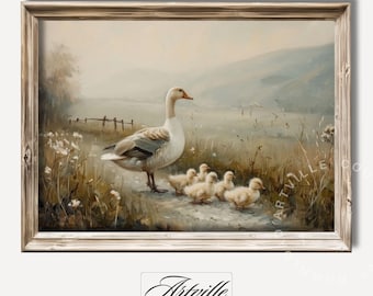 Vintage print eend met eendjes, platteland muurkunst, afdrukbare dierenkunstwerken, boerderij eend schilderij, decor kinderkamer, digitale download