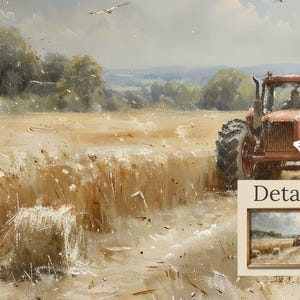 Puede incluir: Pintura al &oacute;leo de una escena de cosecha con un tractor rojo en un campo de trigo dorado. Una peque&ntilde;a pintura de la escena est&aacute; en la esquina. Aves volando en el cielo sobre el campo.