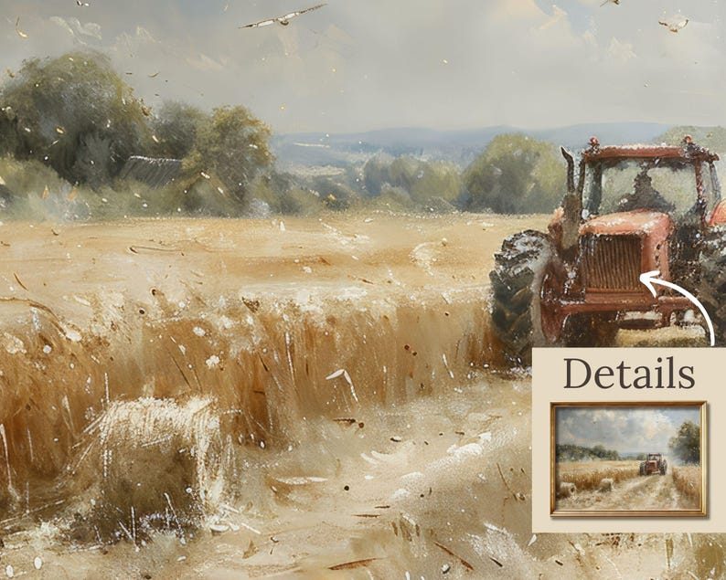 Puede incluir: Pintura al &oacute;leo de una escena de cosecha con un tractor rojo en un campo de trigo dorado. Una peque&ntilde;a pintura de la escena est&aacute; en la esquina. Aves volando en el cielo sobre el campo.