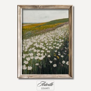 Countryside Floral Landscape Painting, Vintage Cottagecore Art Print, Printable Flower Meadow Wall Art, Farmhouse Decor, Digital Download