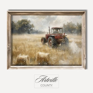 May include: A red tractor drives through a field of hay bales. The tractor is leaving a trail of dust behind it. The field is surrounded by trees and a cloudy sky.
