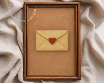 May include: A framed artwork featuring a tan envelope with a red heart in the center. The envelope is centered on a brown background within a wooden frame. The artwork is displayed on a beige fabric.