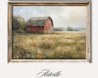 May include: A painting of a red barn in a field with a cloudy sky. The barn is surrounded by tall grass and wildflowers. The painting is framed in a light wood frame.