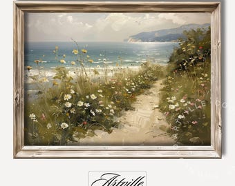 ヴィンテージの夏の海辺の絵画、海岸の装飾、印刷可能な夏のビーチの壁