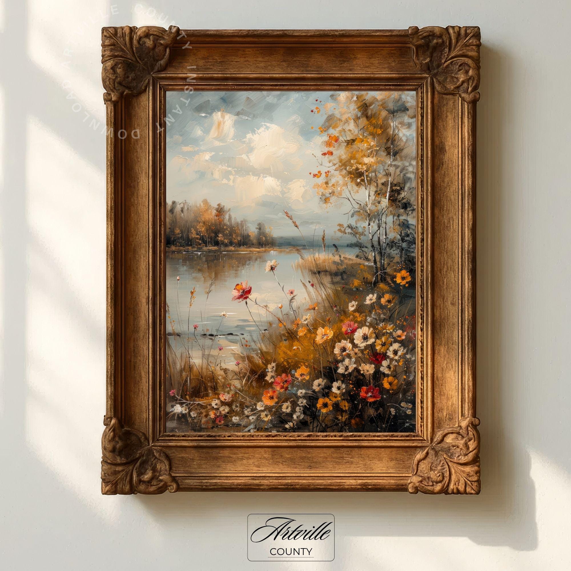 Printable Autumn Wildflowers Painting, Vintage Floral Wall Art