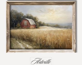 Vintage Red Barn Oil Painting, Printable Countryside Landscape Art, Barn in Field Wall Art, Farmhouse Oil Painting, Digital Download Art
