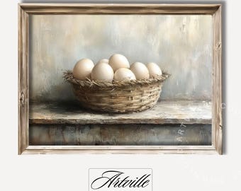 May include: A painting of a rustic wooden frame with a still life of white eggs in a woven basket. The eggs are arranged in a circular pattern and the basket is sitting on a wooden surface. The background is a soft, muted gray.