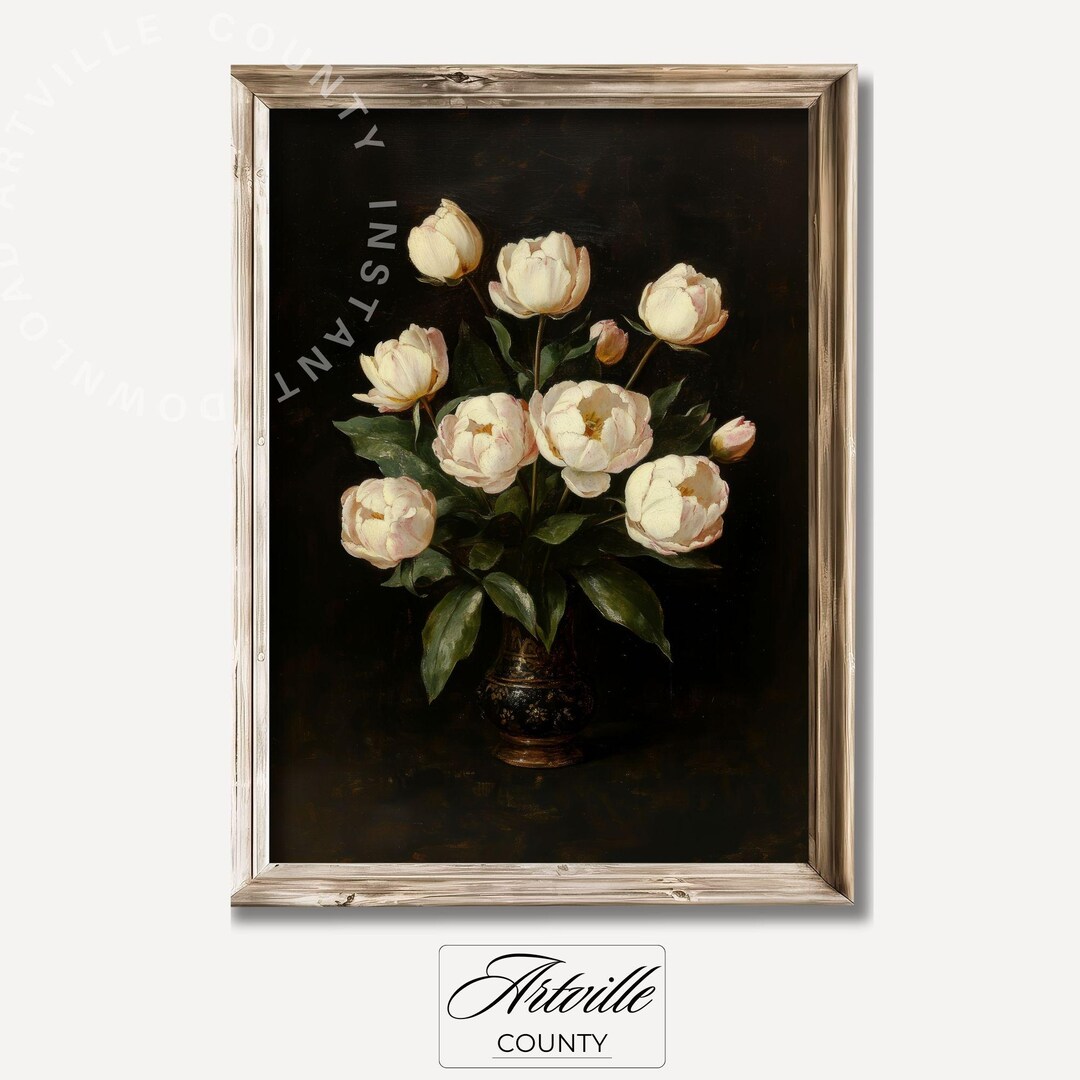 Printable Moody Peonies Wall Art, Vintage Dark Oil Painting Floral Art ...